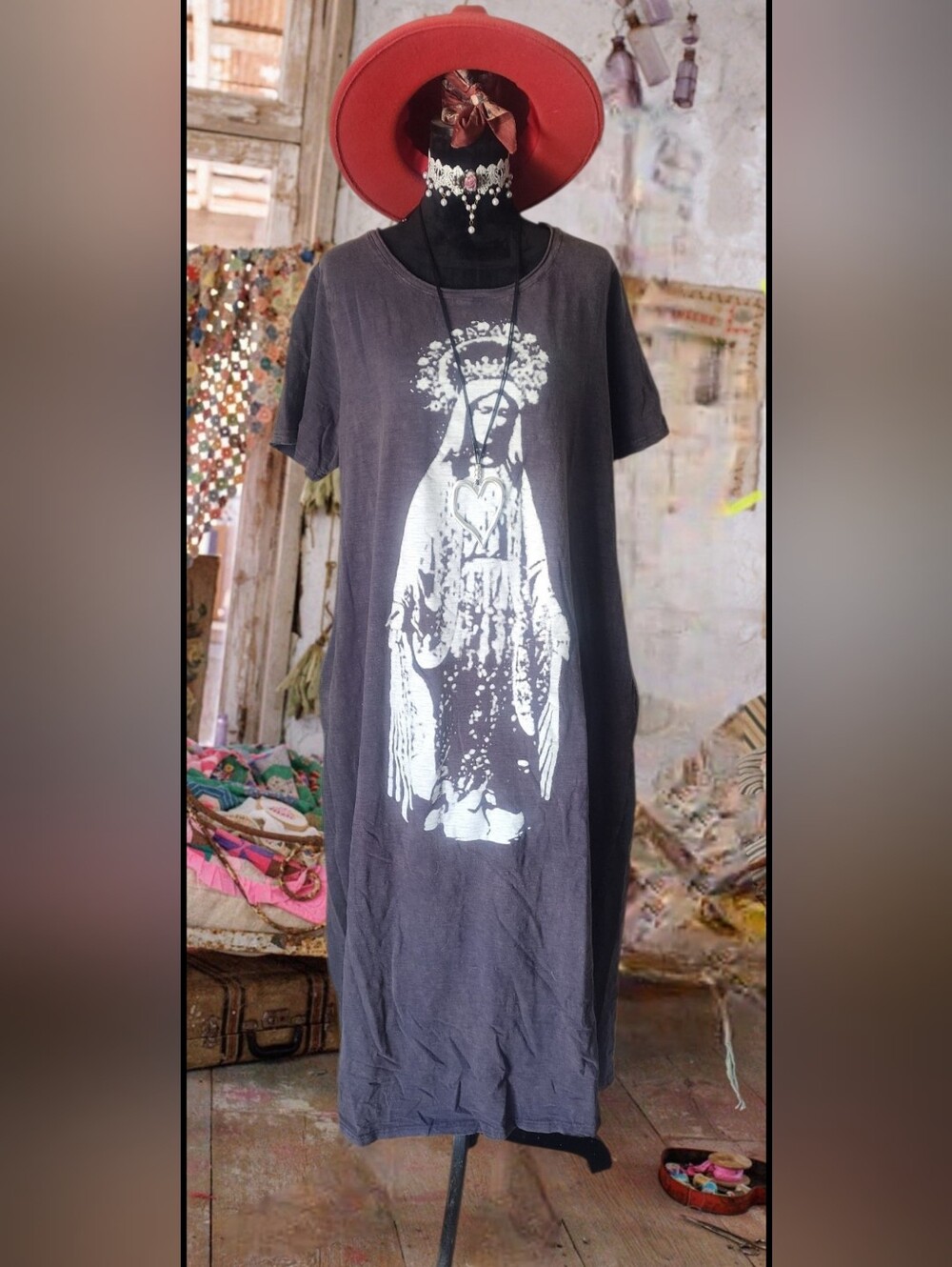 Magnolia Style Free Relaxed Gray Graphic Long boho Cotton Dress with Pockets L